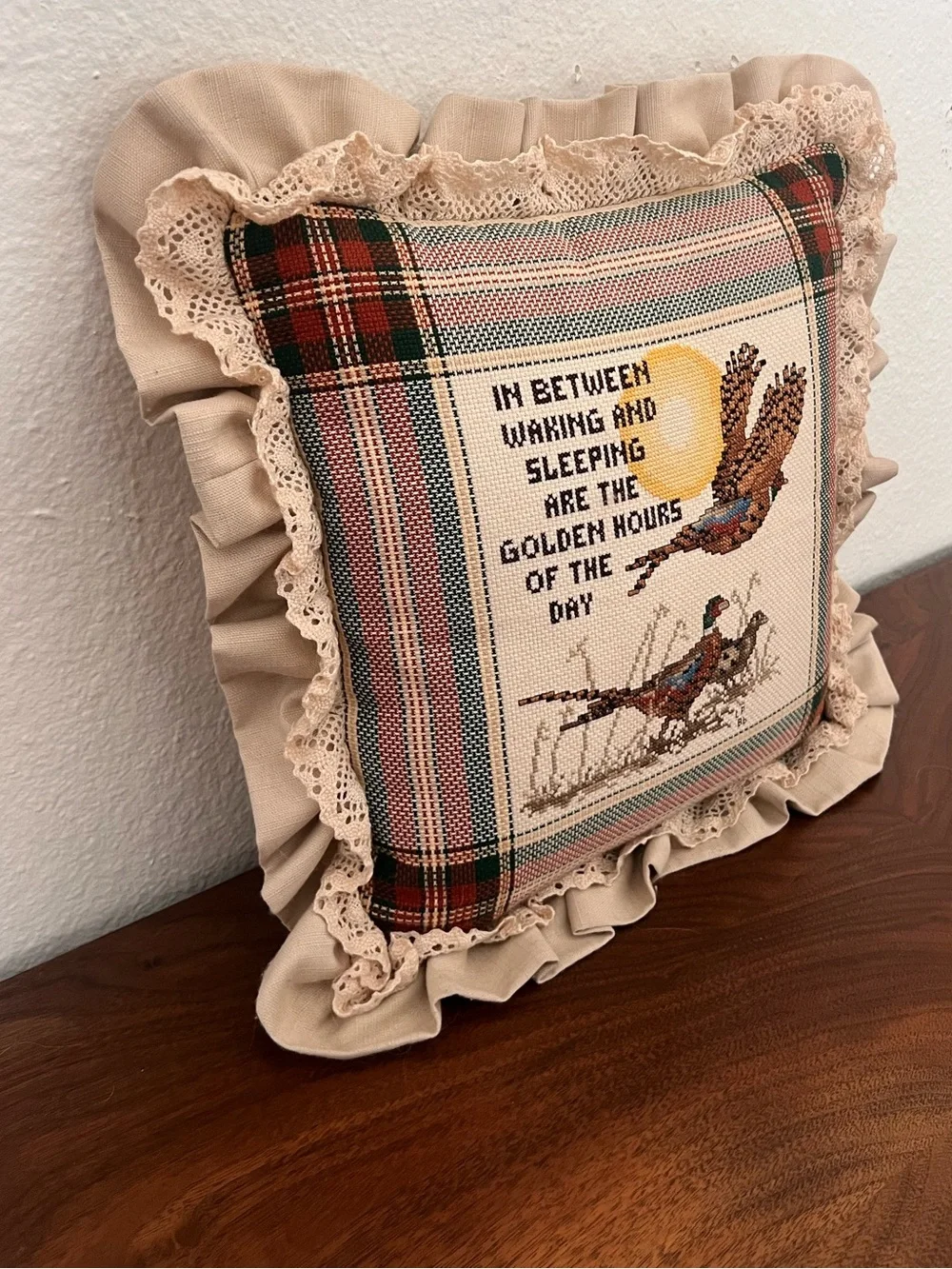 Vintage 90s Cross-Stitch Embroidered Pheasant Ruffle Pillow